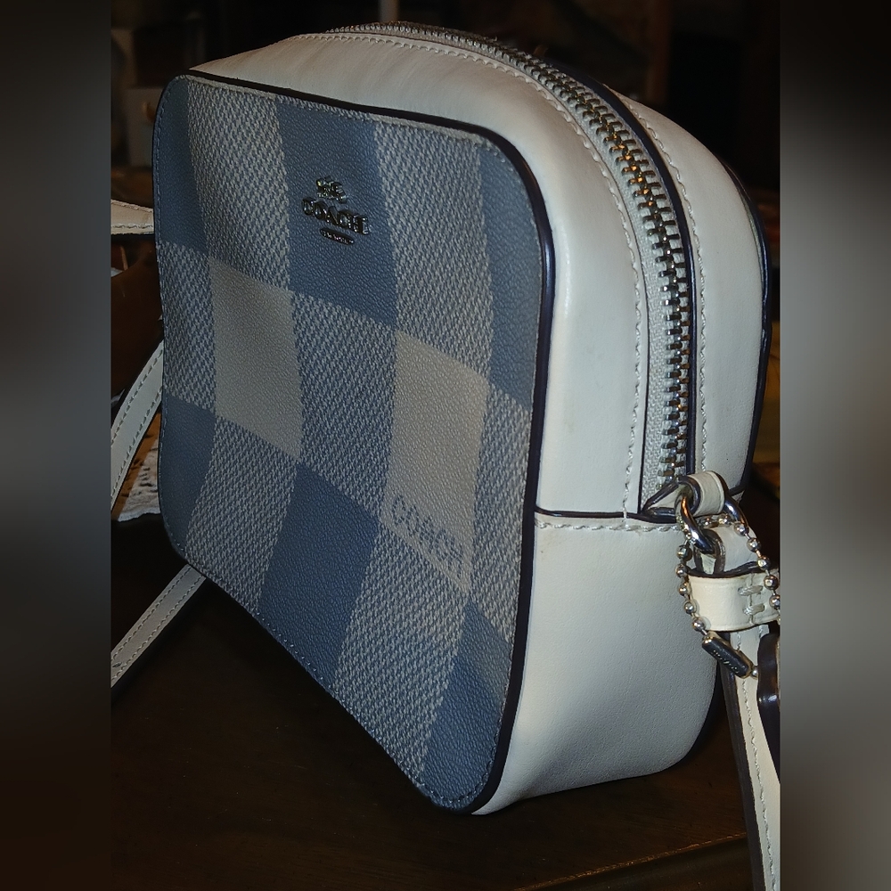 Coach Blue and Cream Checkered Women's Camera Bag Like New - Picture 13 of 14